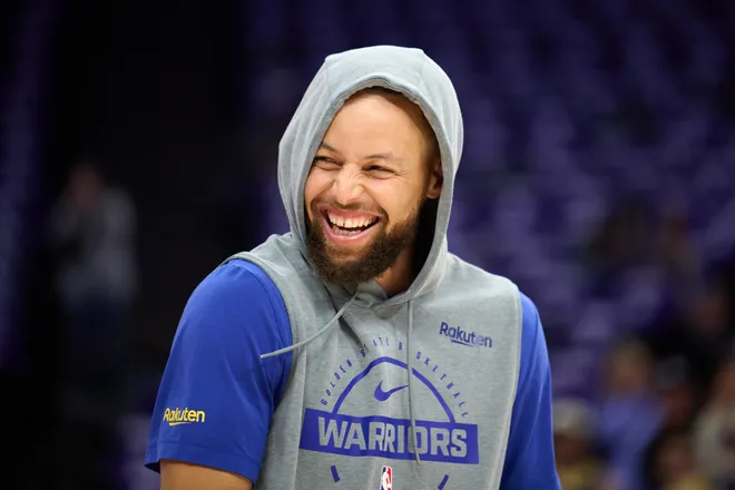 Apr 10, 2026; Sacramento, California, USA; Golden State Warriors guard Stephen Curry (30) reacts during warmups before the game against the Sacramento Kings at Golden 1 Center. Mandatory Credit: Robert Edwards-Imagn Images