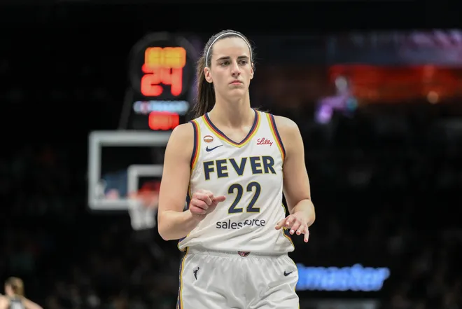 Apr 25, 2026; Brooklyn, NY, USA; Indiana Fever guard Caitlin Clark (22) during the first half against the New York Liberty at Barclays Center. Mandatory Credit: John Jones-Imagn Images