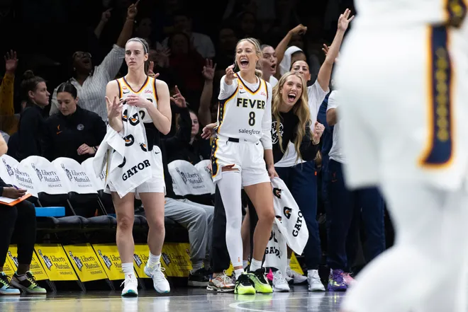BROOKLYN, NEW YORK - APRIL 25: Indiana Fever react during game against the New York Liberty at Barclays Center on April 25, 2026 in Brooklyn, New York. NOTE TO USER: User expressly acknowledges and agrees that, by downloading and or using this Photograph, user is consenting to the terms and conditions of the Getty Images License Agreement. (Photo by Michelle Farsi/Getty Images)