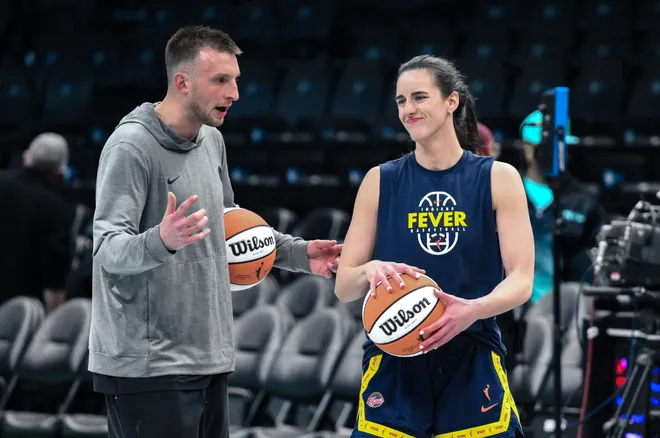Apr 25, 2026; Brooklyn, NY, USA; Indiana Fever guard Caitlin Clark (22) warms up before a game against the New York Liberty at Barclays Center. Mandatory Credit: John Jones-Imagn Images