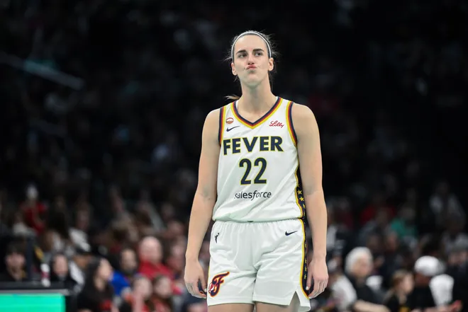 Apr 25, 2026; Brooklyn, NY, USA; Indiana Fever guard Caitlin Clark (22) reacts during the first half against the New York Liberty at Barclays Center. Mandatory Credit: John Jones-Imagn Images