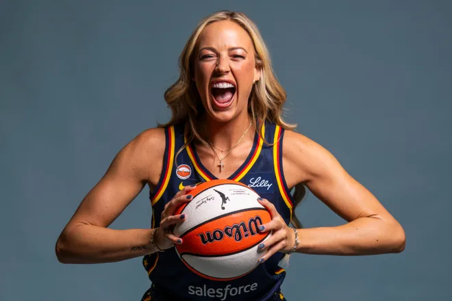 Indiana Fever guard Sophie Cunningham poses for a photo Wednesday, April 22, 2026, during media day.