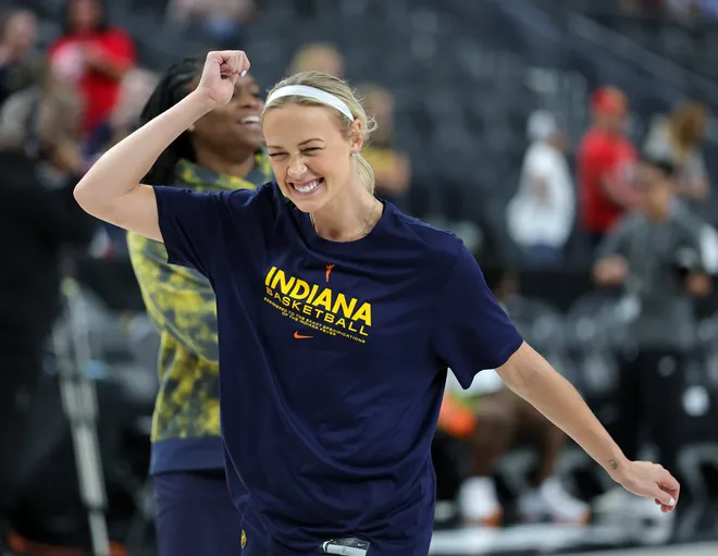Sophie Cunningham #8 of the Indiana Fever warms up.