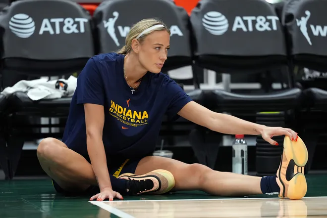 Sophie Cunningham of the Indiana Fever stretches before the game against the Seattle Storm.