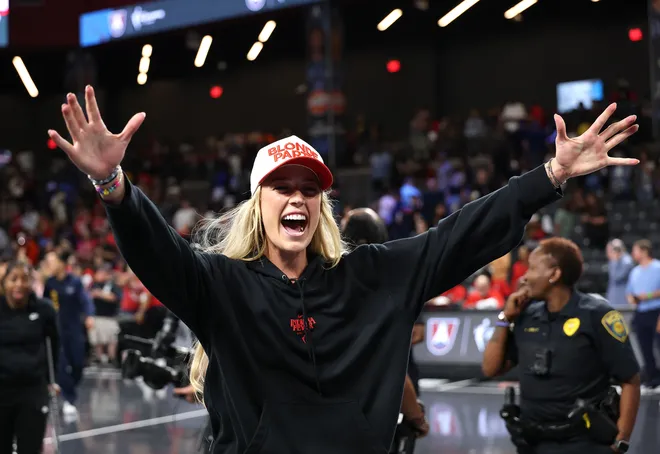 Sophie Cunningham of the Indiana Fever celebrates their 87-85 win in game three of the first round of WNBA Playoffs.
