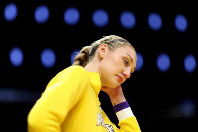 Cameron Brink of the Los Angeles Sparks reacts before the game against the Las Vegas Aces.