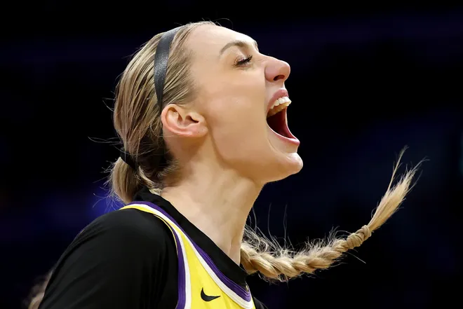Cameron Brink of the Los Angeles Sparks reacts against the Las Vegas Aces.