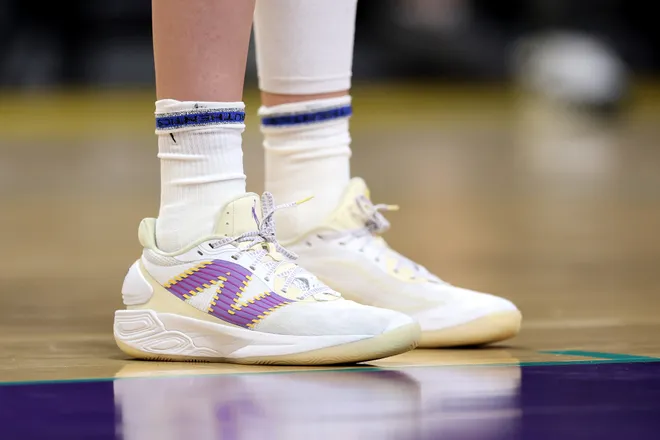 A detailed view of the shoes of Cameron Brink of the Los Angeles Sparks.