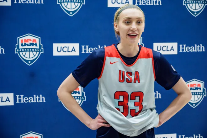 Cameron Brink addresses the media during the United States Women's Basketball Team training camp.