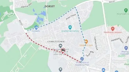 Map of Weymouth showing a revised travel route.