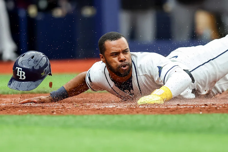 ST. PETERSBURG, FL - APRIL 12: Cedric Mullins #31 of the Tampa Bay Rays scores against the New York Yankees during the second inning of a baseball game at Tropicana Field on April 12, 2026 in St. Petersburg, Florida. (Photo by Mike Carlson/Getty Images) | Getty Images