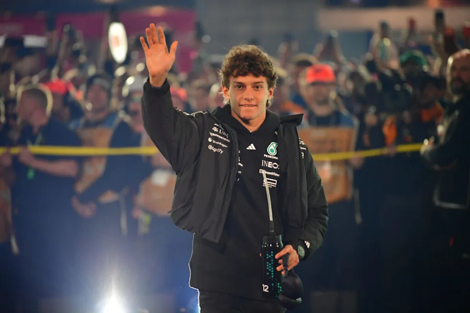 Nov 21, 2025; Las Vegas, NV, USA; Mercedes driver Andrea Kimi Antonelli (12) is introduced before the Las Vegas Grand Prix at Las Vegas Strip Circuit. Mandatory Credit: Gary A. Vasquez-Imagn Images