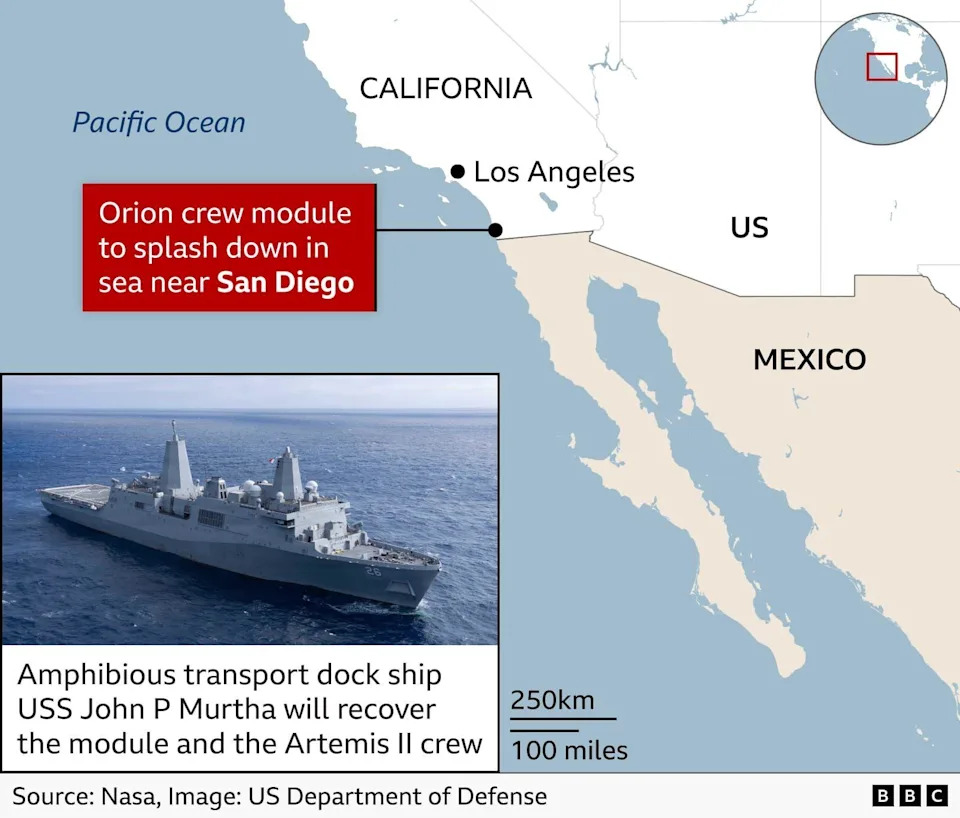 Map of the west coast of North America showing the planned splashdown location of Nasa’s Orion crew module. The Pacific Ocean is on the left, with California labelled at the top and Mexico to the south. Los Angeles is marked along the California coast. A red label points to an area offshore near San Diego that reads “Orion crew module to splash down in sea near San Diego.” An inset photograph shows a large grey naval vessel, identified as the amphibious transport dock ship USS John P Murtha, which will recover the Orion module and the Artemis II crew.