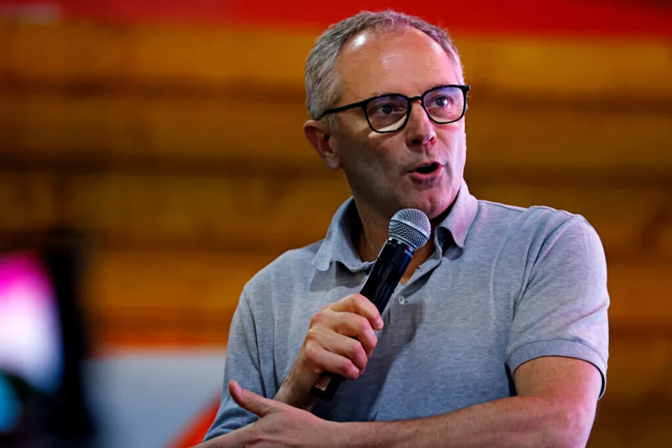 May 1, 2025; Miami Gardens, FL, USA; F1 president and CEO Stefano Domenicali talks ahead of the F1 Miami Grand Prix at Miami International Autodrome. Mandatory Credit: Peter Casey-Imagn Images