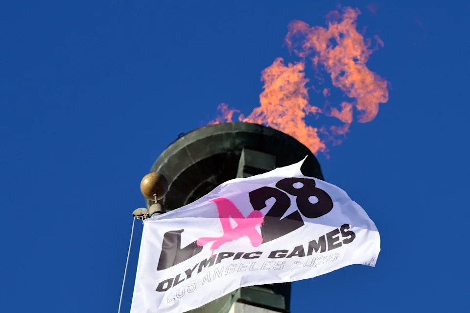 The LA28 Olympic Games cauldron is lit during a ceremonial lighting in Los Angeles, where the LA Summer Games will take place July 14-30, 2028. Ticket sales opened globally April 9, 2026.