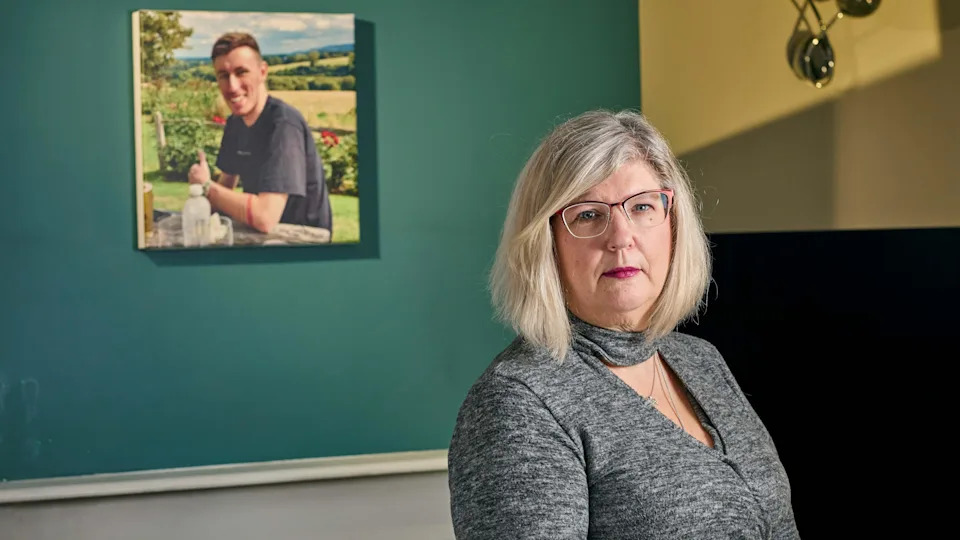 A middle-age woman with blonde-greying hair stands to the right of the image. Behind her, hung on a green wall, is an canvas picture of his son, Bradley, who is smiling in front of a green fields