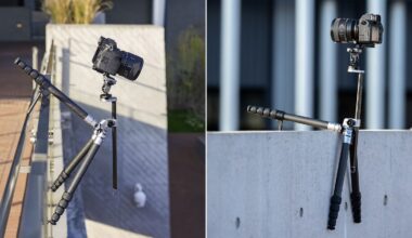 A split image shows a camera mounted on a flexible tripod, with the tripod legs angled and gripping the edge of a concrete wall outdoors. The camera is pointed toward the street or building.