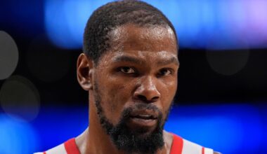 Houston Rockets forward Kevin Durant stands on the court during the second half in Game 2 of a first-round NBA playoffs basketball series against the Los Angeles Lakers, Tuesday, April 21, 2026, in Los Angeles. (AP Photo/Mark J. Terrill)