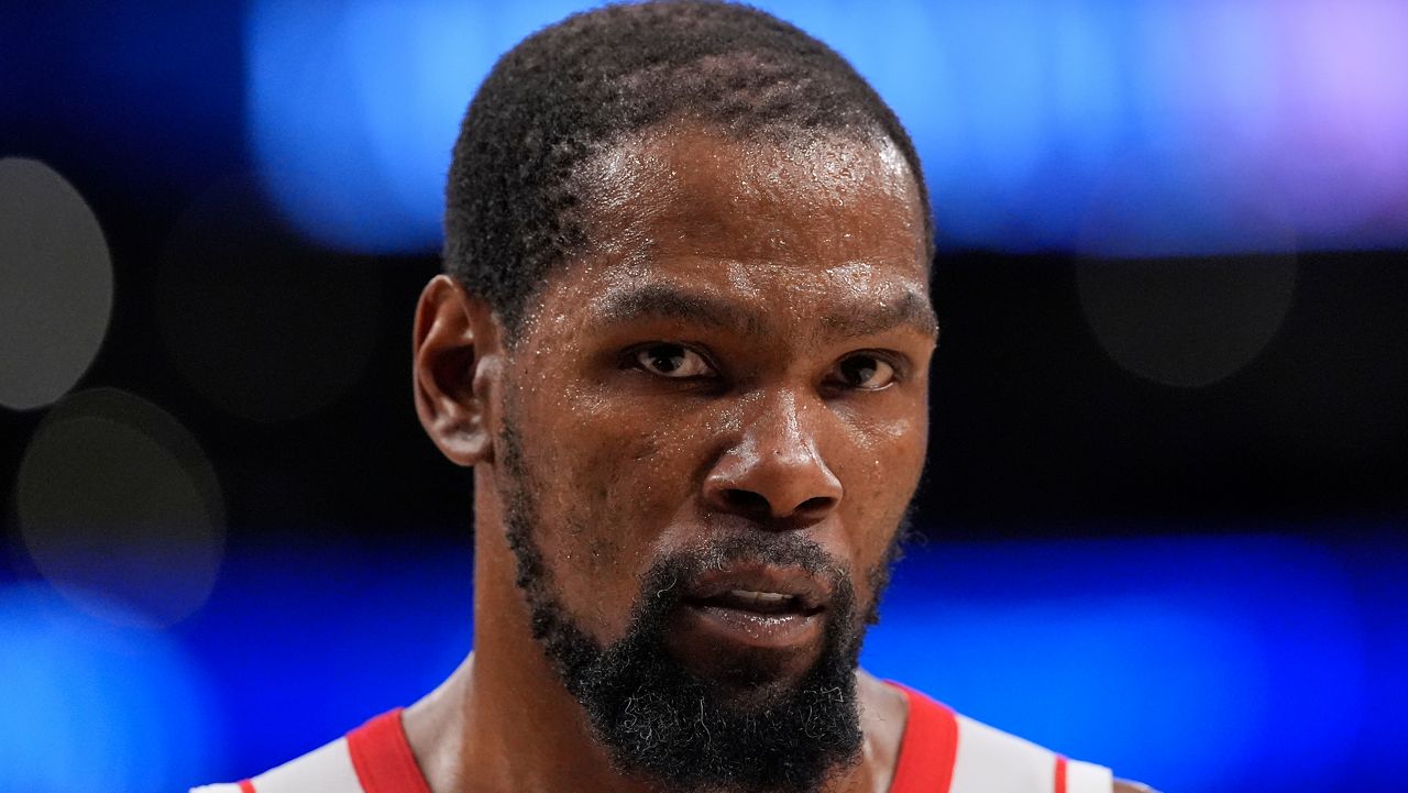 Houston Rockets forward Kevin Durant stands on the court during the second half in Game 2 of a first-round NBA playoffs basketball series against the Los Angeles Lakers, Tuesday, April 21, 2026, in Los Angeles. (AP Photo/Mark J. Terrill)