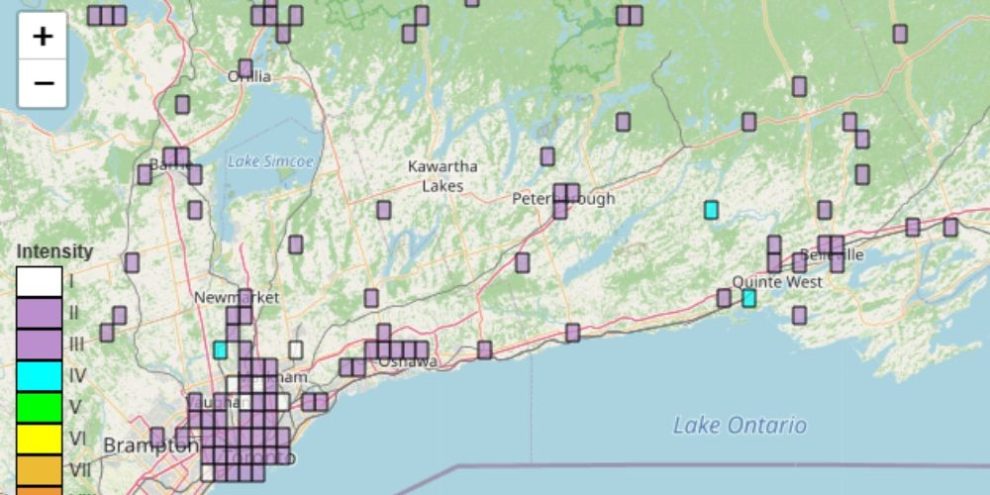 Earthquake Canada map showing reported shaking from a 3.9 magnitude earthquake near Ottawa and Shawville, Quebec