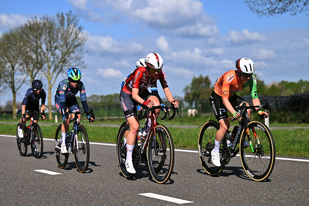 Five riders lead during the 12th Amstel Gold Race Ladies Edition 2026 - Women's Elite in Valkenburg, Netherlands. (Photo by Luc Claessen/Getty Images)