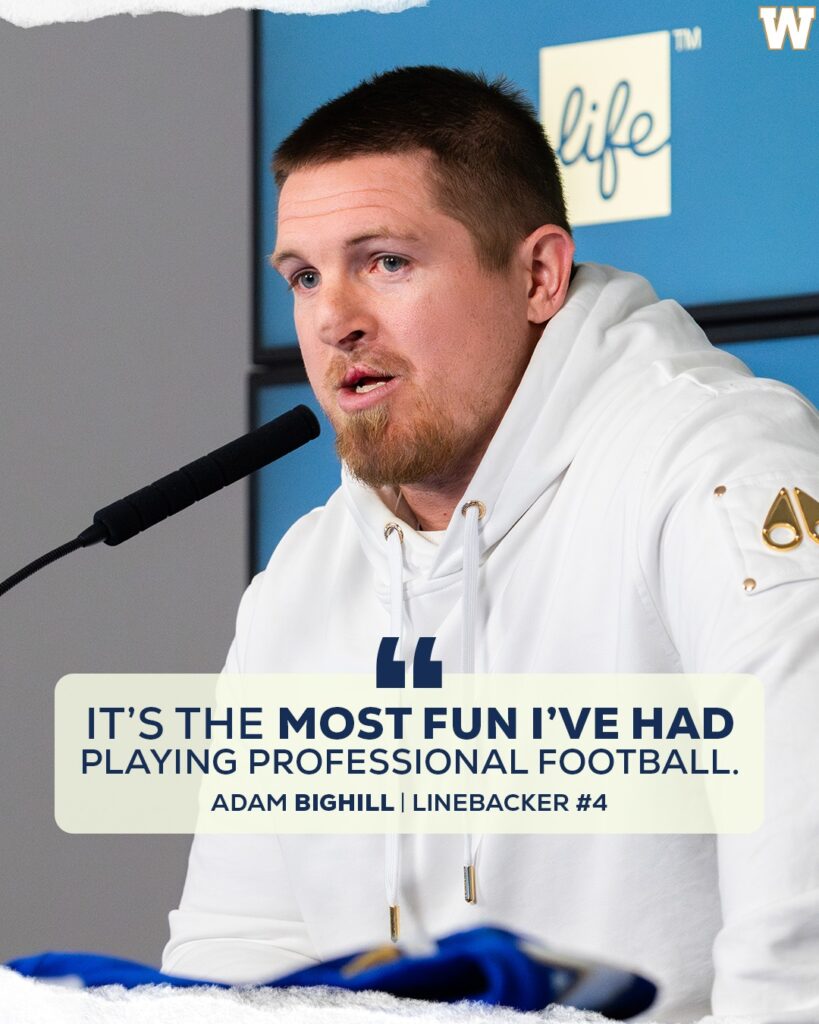 Adam - CFL News Hub Athlete Adam Bighill speaking at a press conference; quote overlay reads: 'It’s the most fun I’ve had playing professional football.'