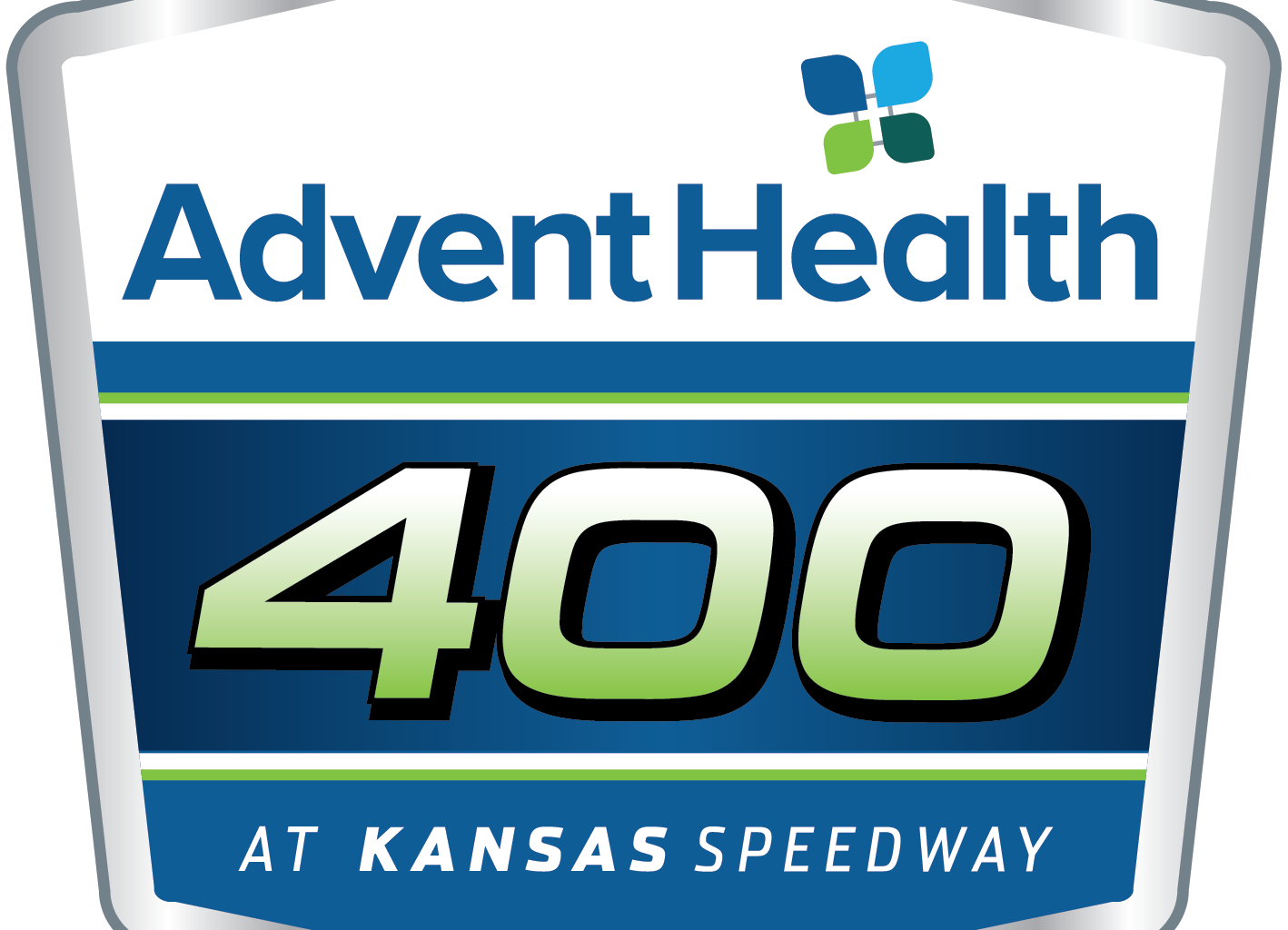 Logo for AdventHealth 400 NASCAR race at Kansas Speedway, inside a shield-shaped badge with blue and green accents