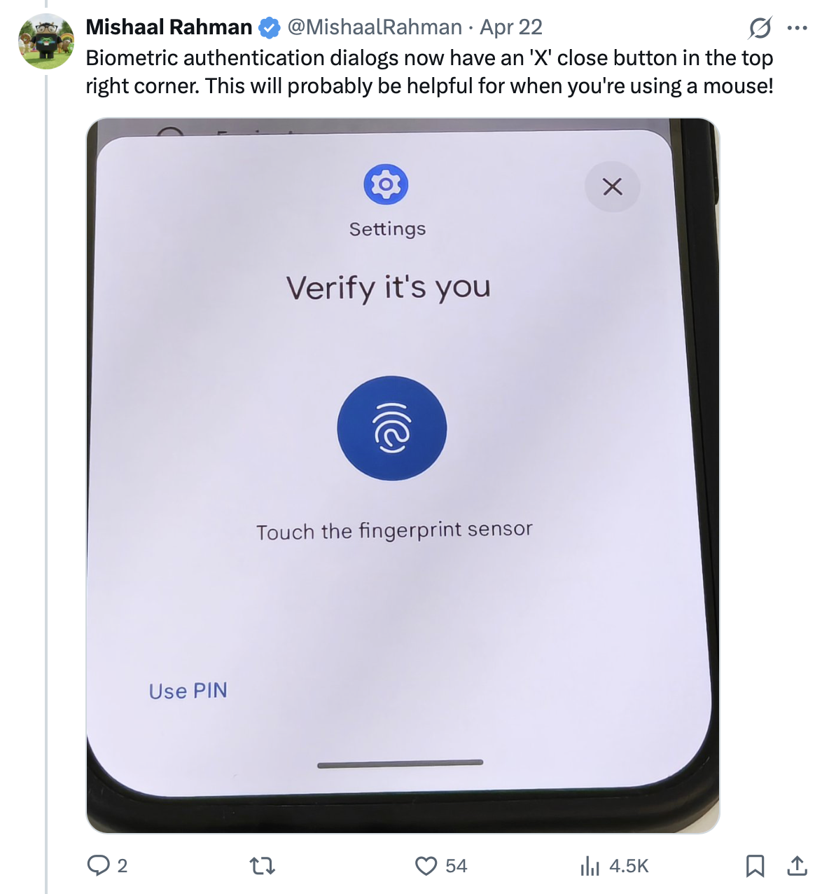Android 17 Beta 4 Mishaal Tweet A tweet explaining Android 17 Beta 4 biometric changes.