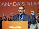 Avi Lewis, who was proclaimed as the new leader of the NDP, speaks at the party convention in Winnipeg Sunday, March 29, 2026.   THE CANADIAN PRESS/John Woods