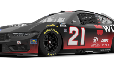 No. 21 Würth Ford race car in black and red livery, with sponsor logos, on a white background on track-ready wheels and tires that say Goodyear.