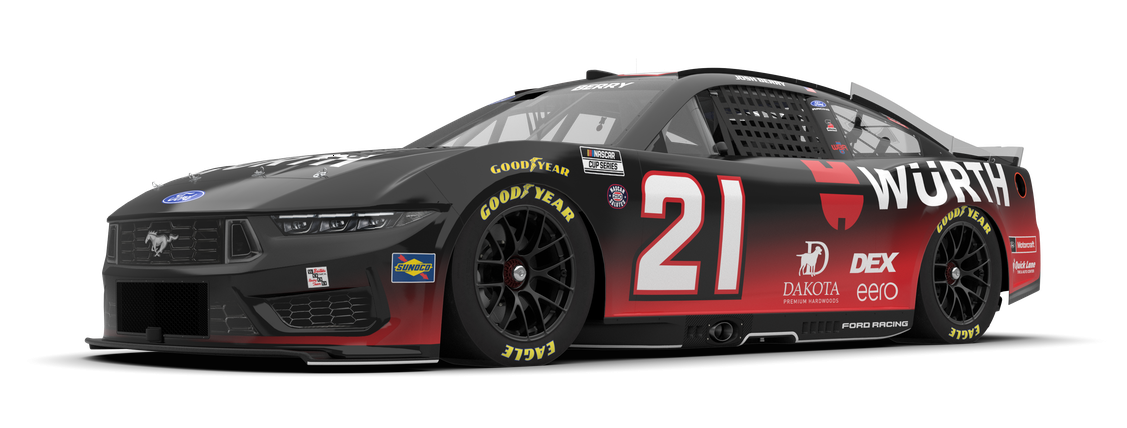 No. 21 Würth Ford race car in black and red livery, with sponsor logos, on a white background on track-ready wheels and tires that say Goodyear.