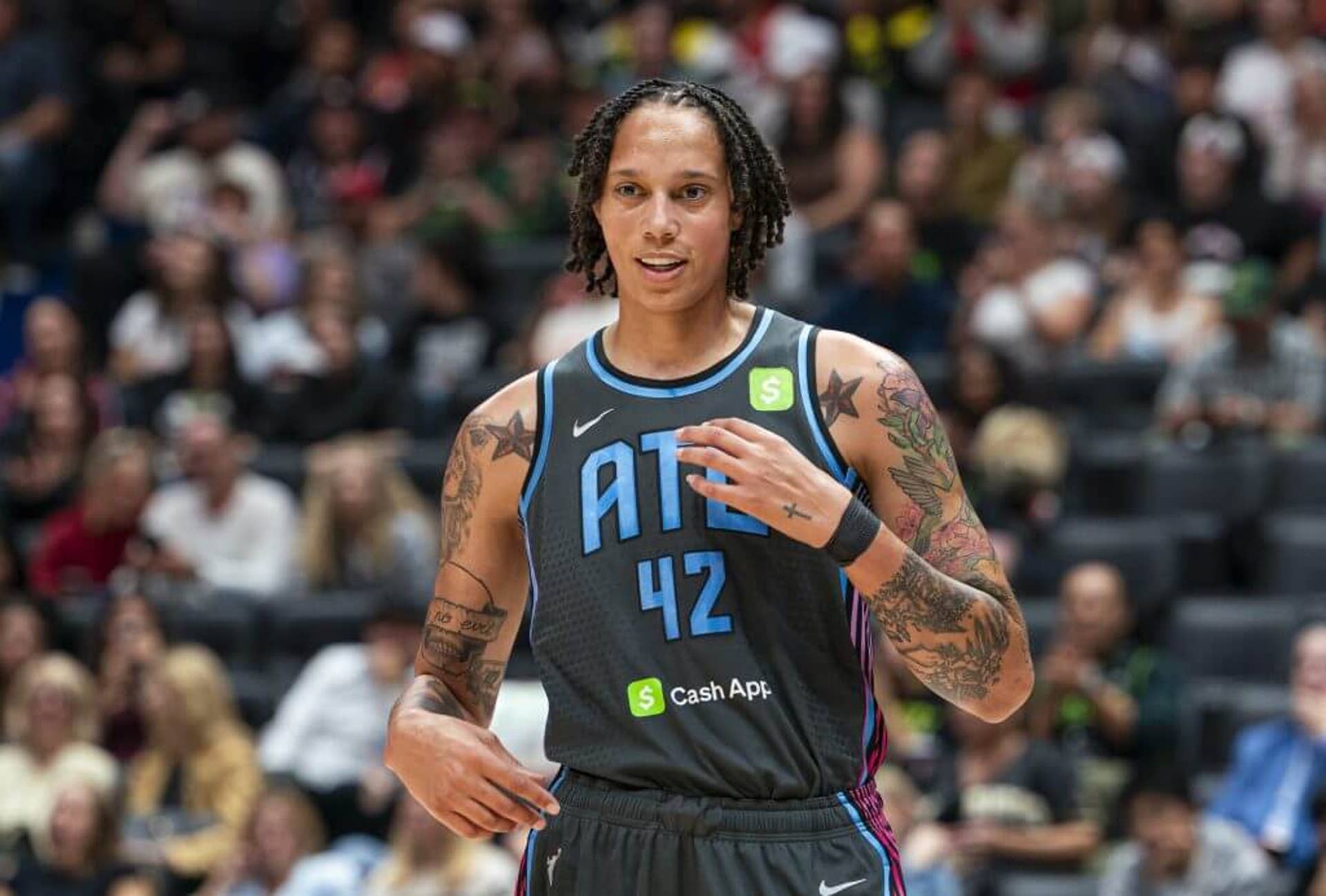Brittney Griner of the Atlanta Dream smiles during WNBA action against the Seattle Storm.