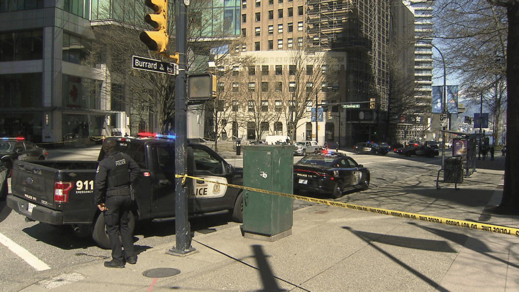 Police blocking Burrard Street in downtown Vancouver