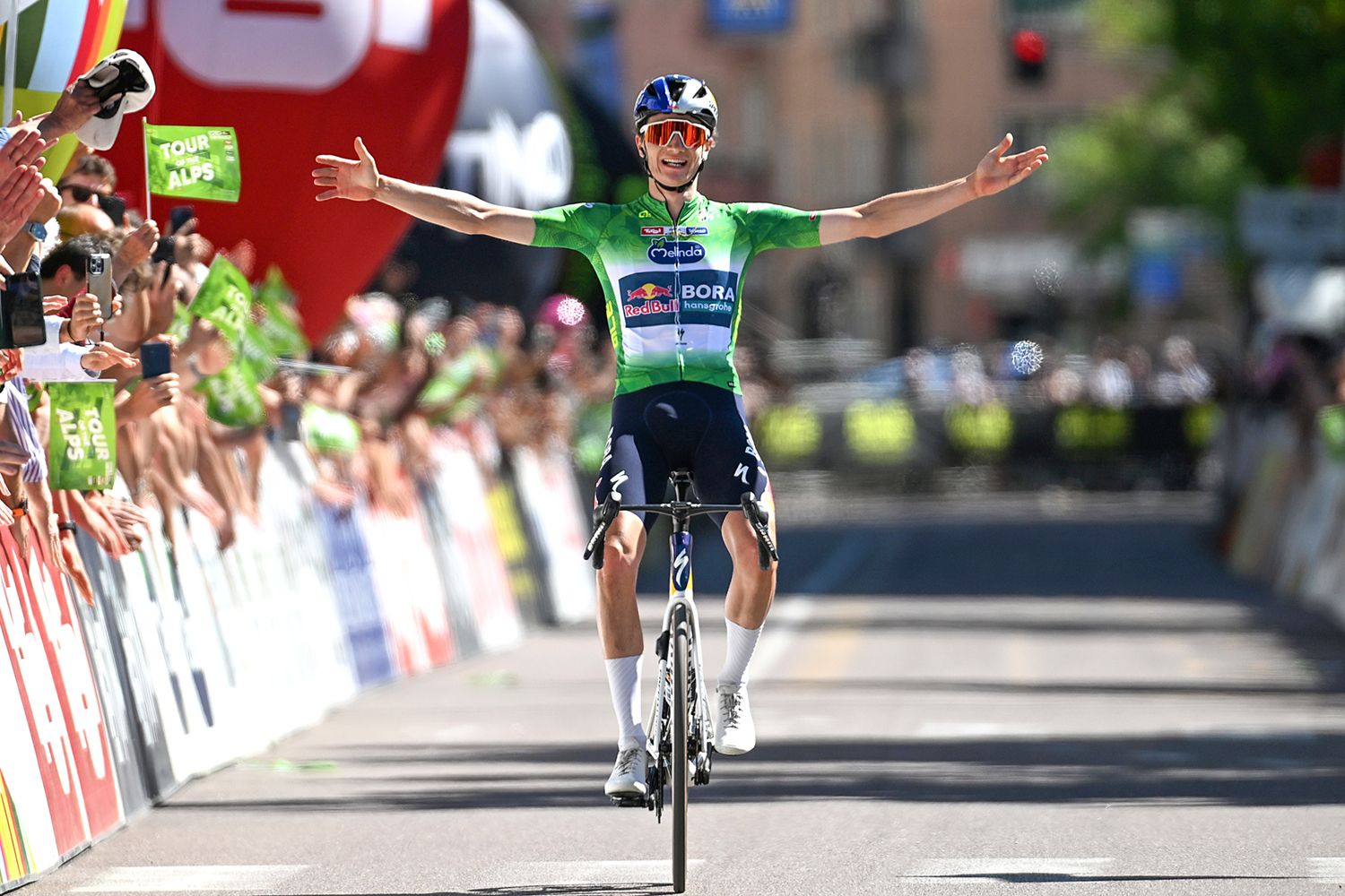 BOZEN-BOLZANO, ITALY - APRIL 24: Giulio Pellizzari of Italy and Team Red Bull - BORA - hansgrohe - Green Leader Jersey celebrates at finish line as stage winner during the 48th Tour of the Alps 2026, Stage 5 a 128.6km stage from Trento to Bozen-Bolzano on April 24, 2026 in Bozen-Bolzano, Italy. (Photo by Tim de Waele/Getty Images)