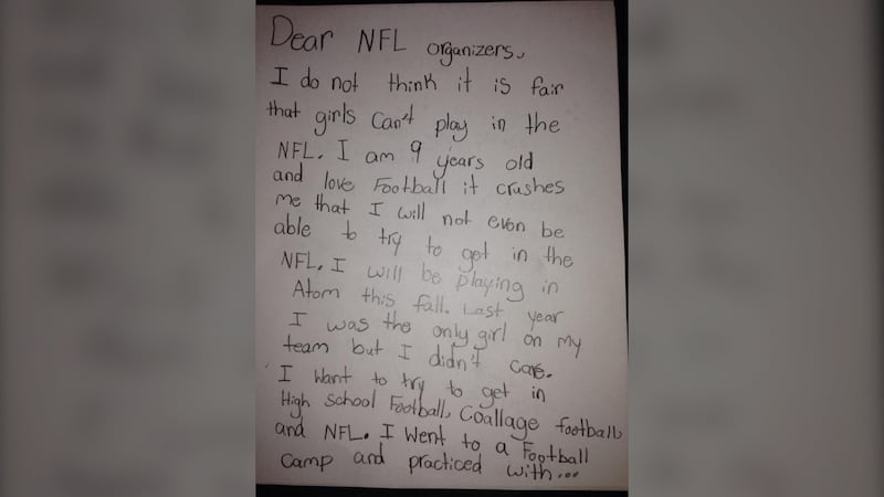 One of Julia Cameron's letters to the NFL is pictured.