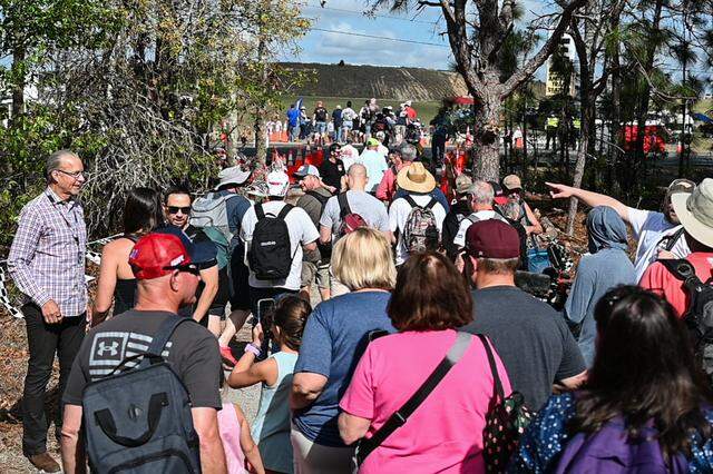 Race fans exit the Rockingham Special for race day at Rockingham Speedway on Saturday, April, 4, 2026.