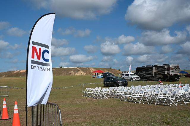 A makeshift station for riders of the Rockingham Special, an Amtrak train that transports race fans from Raleigh, Cary and Southr Pines, to Rockingham and back, for the NASCAR races at Rockingham Speedway on Saturday, April 4, 2026.