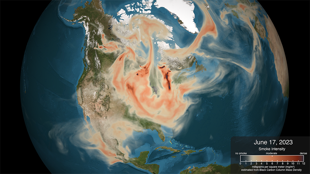 NASA SVS | Long-range Transport of 2023 Canadian Wildfire Smoke into the Northeastern United States