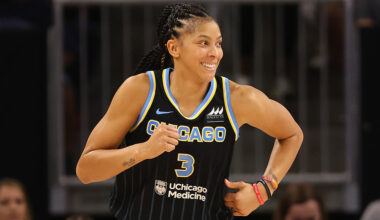 CHICAGO, ILLINOIS - AUGUST 31: Candace Parker #3 of the Chicago Sky celebrates a basket against the Connecticut Sun during the second half in Game Two of the 2022 WNBA Playoffs semifinals at Wintrust Arena on August 31, 2022 in Chicago, Illinois. NOTE TO USER: User expressly acknowledges and agrees that, by downloading and/or using this photograph, User is consenting to the terms and conditions of the Getty Images License Agreement.  (Photo by Michael Reaves/Getty Images)