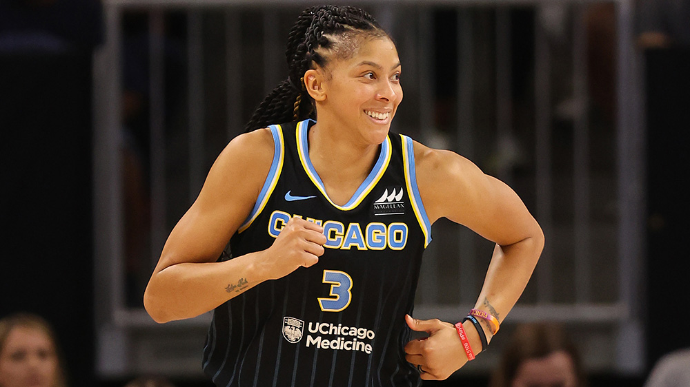 CHICAGO, ILLINOIS - AUGUST 31: Candace Parker #3 of the Chicago Sky celebrates a basket against the Connecticut Sun during the second half in Game Two of the 2022 WNBA Playoffs semifinals at Wintrust Arena on August 31, 2022 in Chicago, Illinois. NOTE TO USER: User expressly acknowledges and agrees that, by downloading and/or using this photograph, User is consenting to the terms and conditions of the Getty Images License Agreement.  (Photo by Michael Reaves/Getty Images)