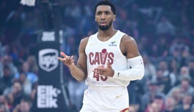 Cleveland Cavaliers guard Donovan Mitchell celebrates after making a three-point basket in the first half of an NBA basketball game against the Sacramento Kings, Friday, Jan. 23, 2026, in Cleveland. (AP Photo/David Dermer)