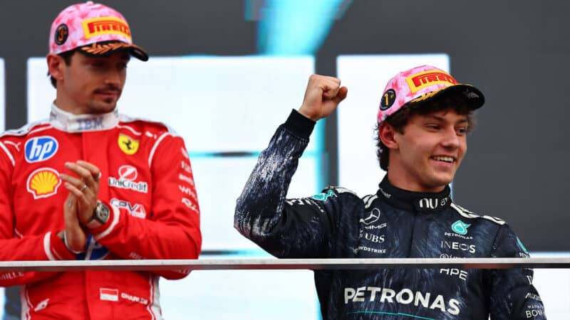 Charles Leclerc watches Kimi Antonelli celebrating Japanese GP victory on the F1 podium