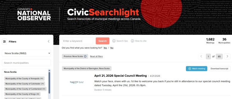 A screenshot of a website that shows a search engine to look for records in municipal council meetings. The top banner says "Canada's National Observer, Civic Searchlight. Search transcripts of municipal meetings across Canada." There are filters for the municipalities and a search spot where you enter keywords. The summaries of transcripts are listed below the search option.