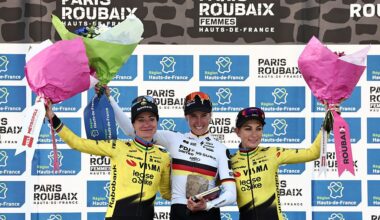 Marianne Vos, Franziska Koch and Pauline Ferrand-Pr&eacute;vot celebrate on the podium of the 6th edition of the Women Paris-Roubaix 2026