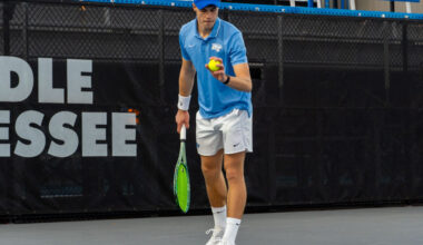 Jonasz Dziopak prepares to serve at the MTSU outdoor tennis complex on Feb. 20, 2026.