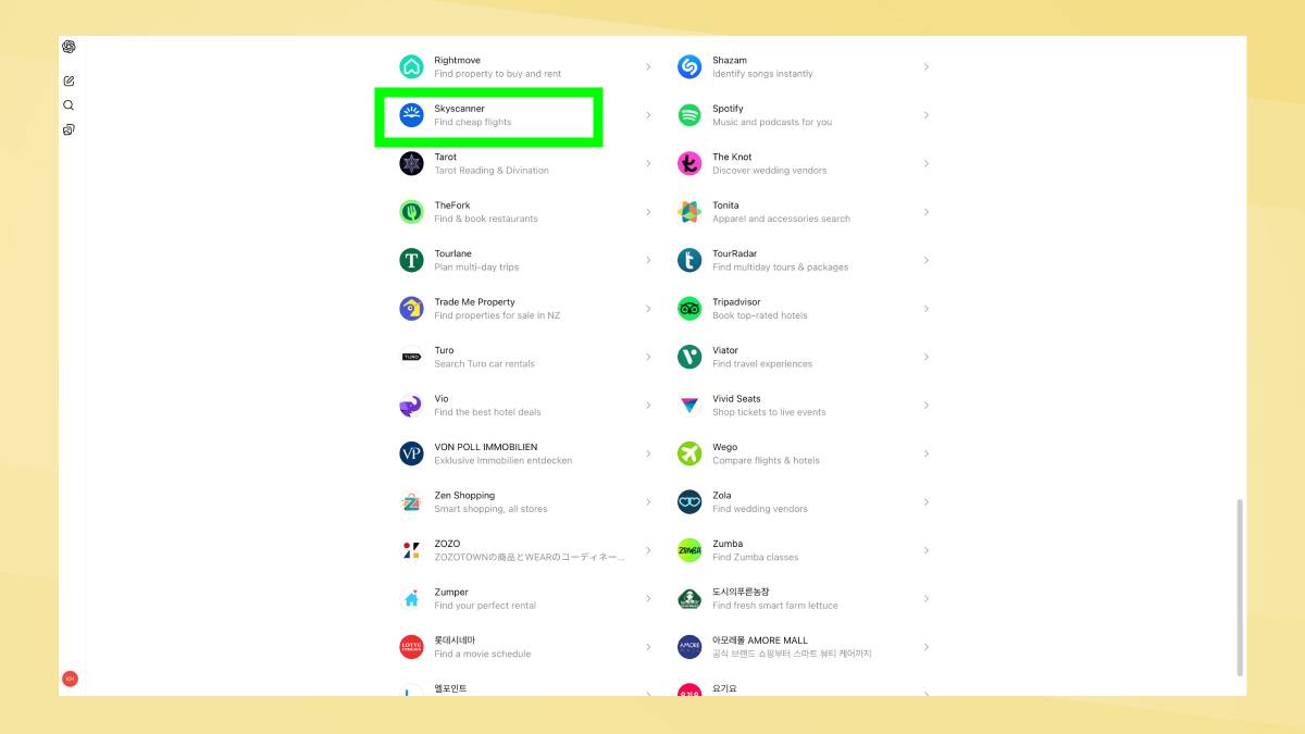 Skyscanner app in ChatGPT