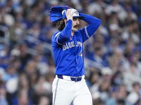 Jays pitcher Dylan Cease reacts during Mondays game against the Boston Red Sox at Rogers Centre. Mark Blinch/Getty Images