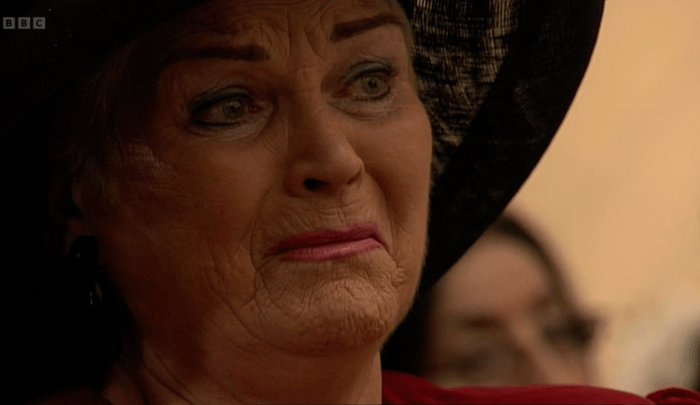 EastEnders Pat Frank's funeral Pam St Clement as a crying Pat Evans in EastEnders in 2008.