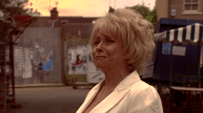 EastEnders Peggy exit Barbara Windsor as a crying Peggy Mitchell looking up in a scene from EastEnders in 2010.
