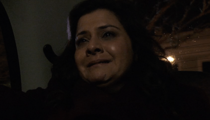 EastEnders Zainab exit A crying Nina Wadia as Zainab Masood in the back of a taxi at night in EastEnders.